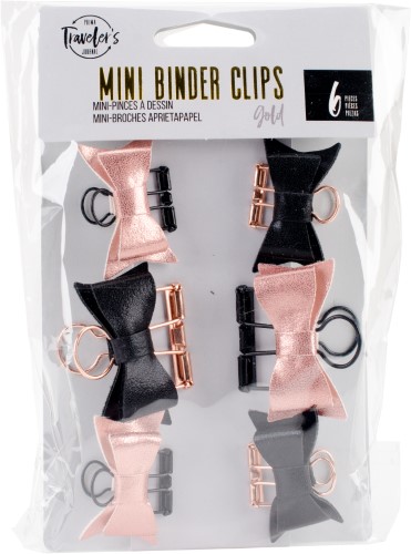 Bild von Prima Marketing Traveler's Journal Mini Metal Binder Clips 6/Pkg-Rose Gold & Black Bows