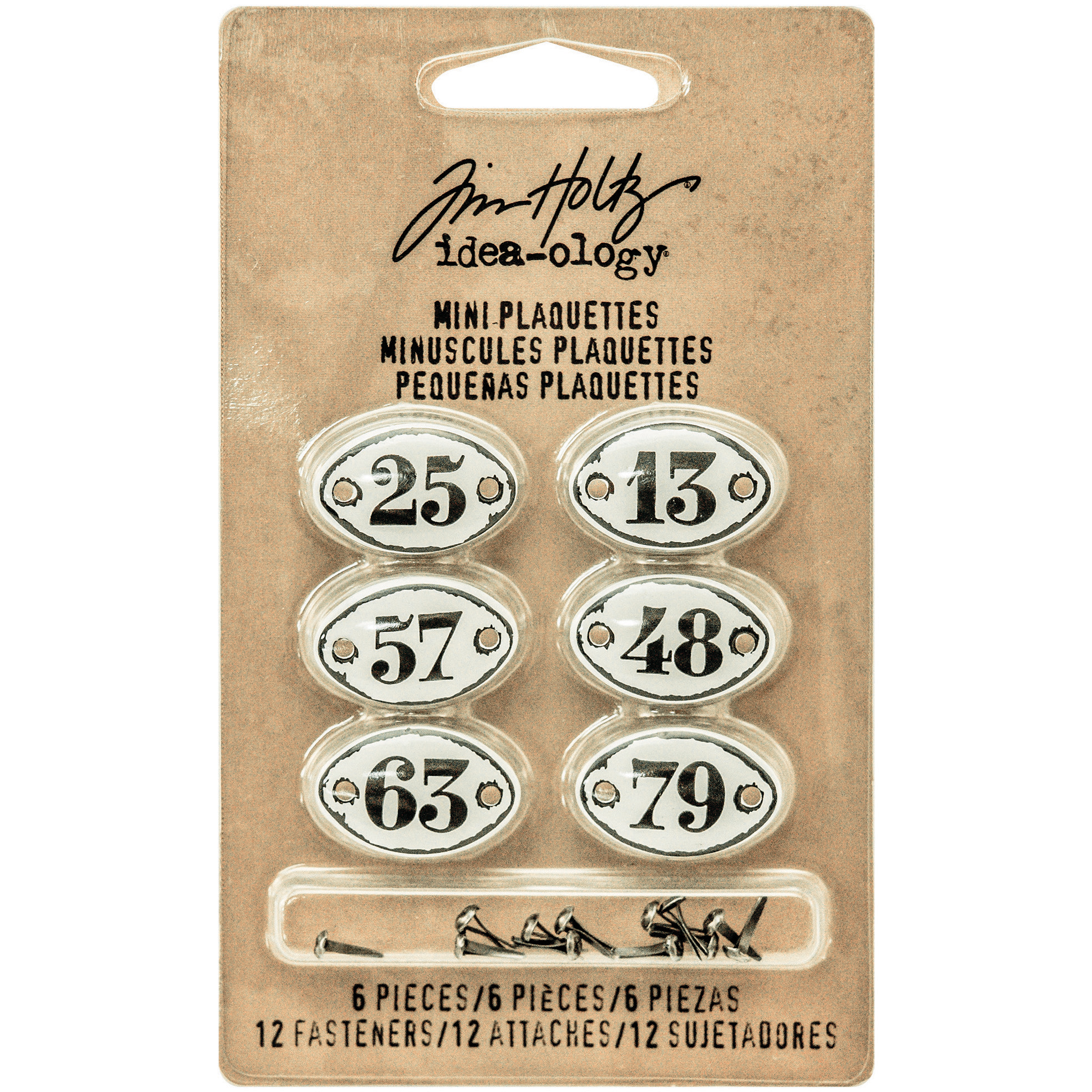 Bild von Idea-Ology Metal Number Plaquettes W/Brads 6/Pkg-White W/Black Numbers .5"X.75"