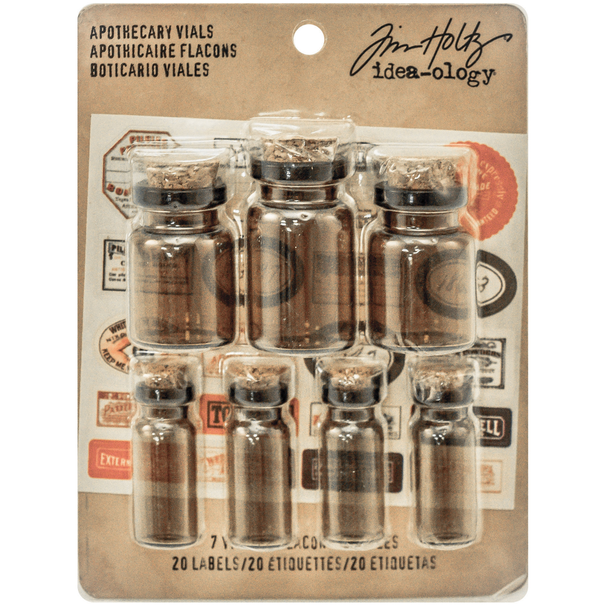 Bild von Idea-Ology Corked Glass Vials 7/Pkg-Apothecary Amber W/Vintage Labels